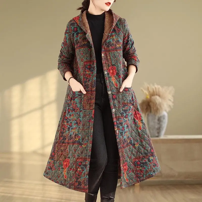 2023 Winter Oversized Women\'s Clothing Long Cotton Jacket Thickened Plush Retro Ethnic Style Floral Coat Hooded Outerwear Z3563