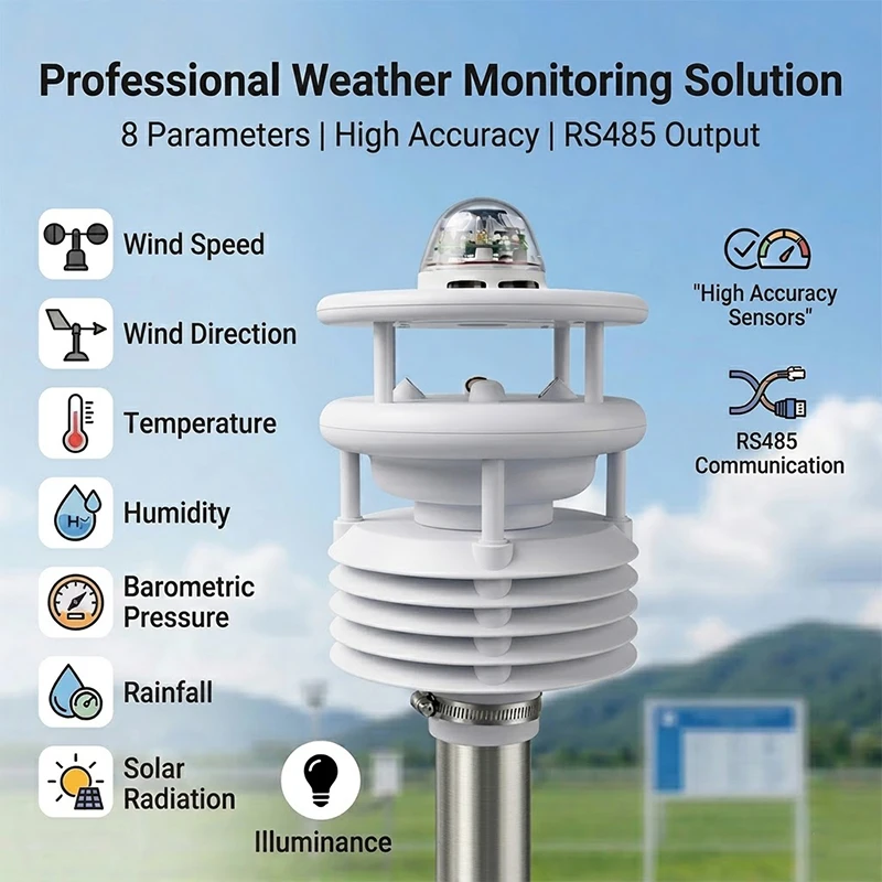 Solar Power Plant Environmental Monitoring Solution WIFI 4G GPRS LORA LORAWAN RS485 Modbus 8 in 1 Compact Weather Station System
