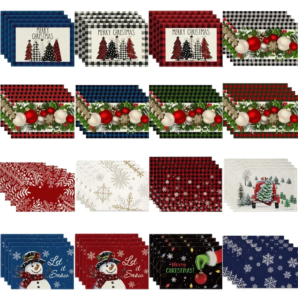 Christmas Placemats 32x45cm Linen Christmas Trees Snowflake Gnome Print Table Mats Xmas Table Pads For Home Hotel