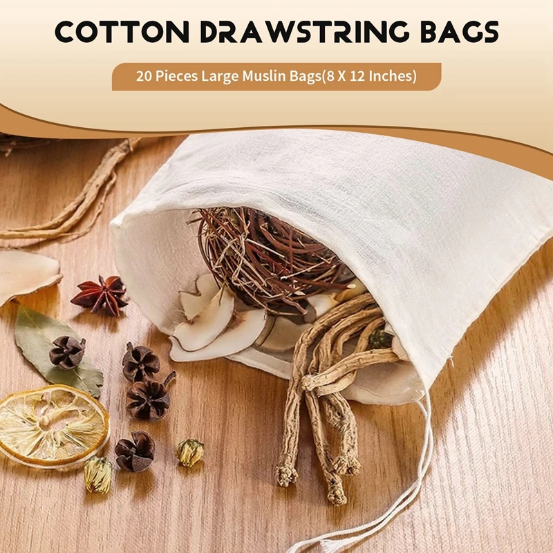 A01V-20 قطعة أكياس موسلين كبيرة أكياس قطنية برباط، أكياس تحضير الشاي (8 × 12 بوصة)