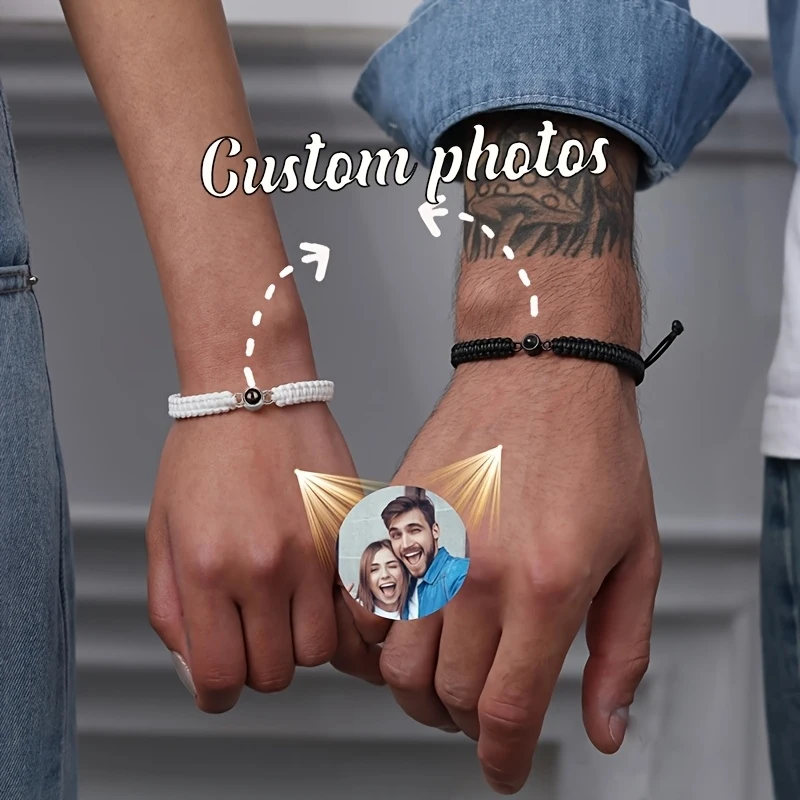 Custom Photo Projection Woven Bracelet Set,Personalized Couple Jewelry for Bride Groom,Gift for Anniversary Valentines Day Chris