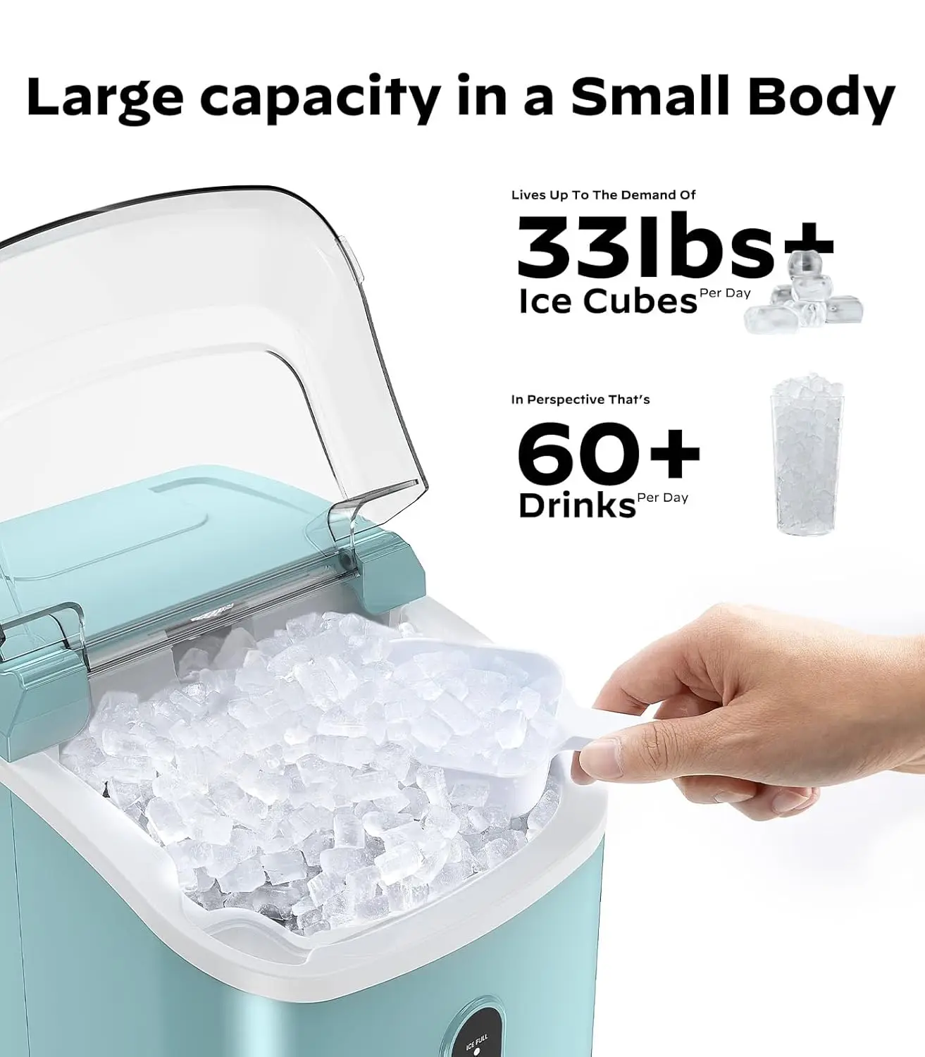 Nugget Countertop Ice Maker, Máquina de gelo mastigável Silon portátil com função de auto-limpeza, 33lbs/24H