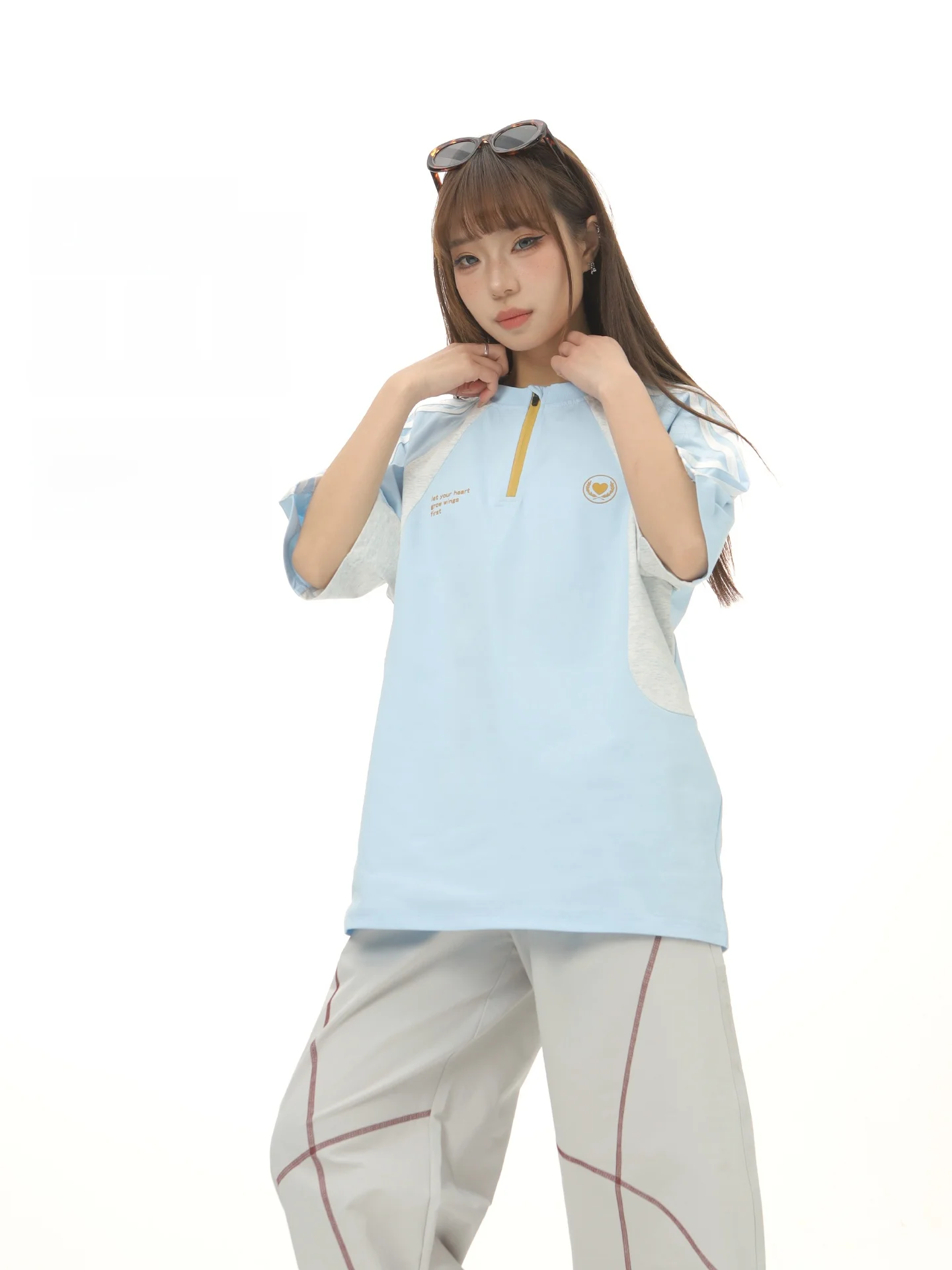 

Summer Trendy Three-Stripes Half-Zip Short-Sleeve Women's Sporty Style T-Shirt Couple Matching Cotton Sweat-Wicking Top