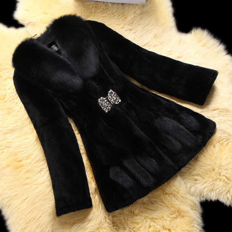 

winter women new outwears top quality Med-length imitation mink fur jackets faux fur windbreaker overcoat Black