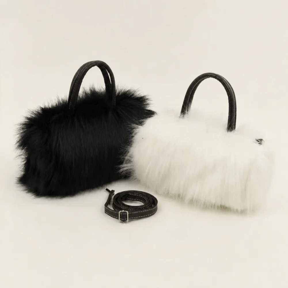 Chic Solid Color Lady Crossbody Bag Soft Faux Fur Handbag with Top Handle Tote Messenger Bag For Women