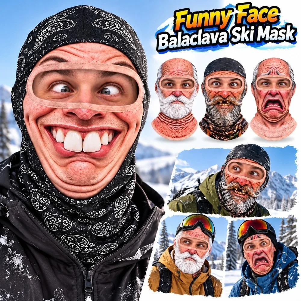 3D Face Printed Old Man Balaclava Face Mask White Mustache Full Coverage Funny Ski Mask Elastic Stretch Winter Mask Cover