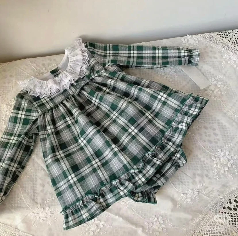 

0-8Y Baby Girl Autumn Green Plaid Vintage Princess Dress for Birthday Photography Holiday Eid Christmas C330