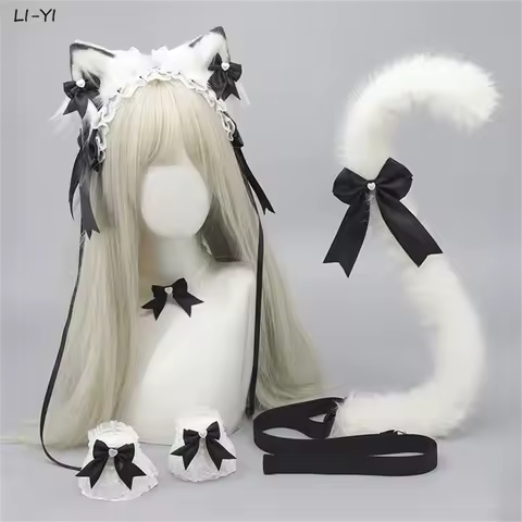 5Pcs/set Furry Cat Ear Hairpins Headband Bow Choker Wristband Plush Cat Tail Cute Lolita Anime Party Cosplay Accessories