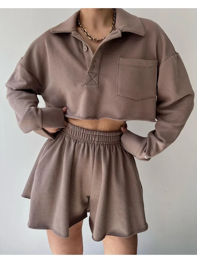 Y2k Streetwear Shorts Set Two-piece Suit Long Sleeve Crop Tops Shorts High Waisted Sweatshirt Student Harajuku Women Clothing