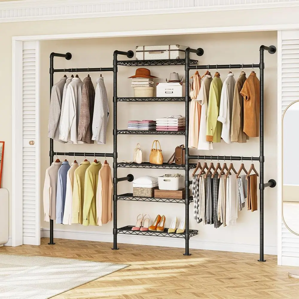 

H3 Expandable Wall Mounted Closet System, 5.4T-8.1T Closet Organizer with 4 Rods & 6 Wire Shelves, Industrial Pipe Clothing Rack