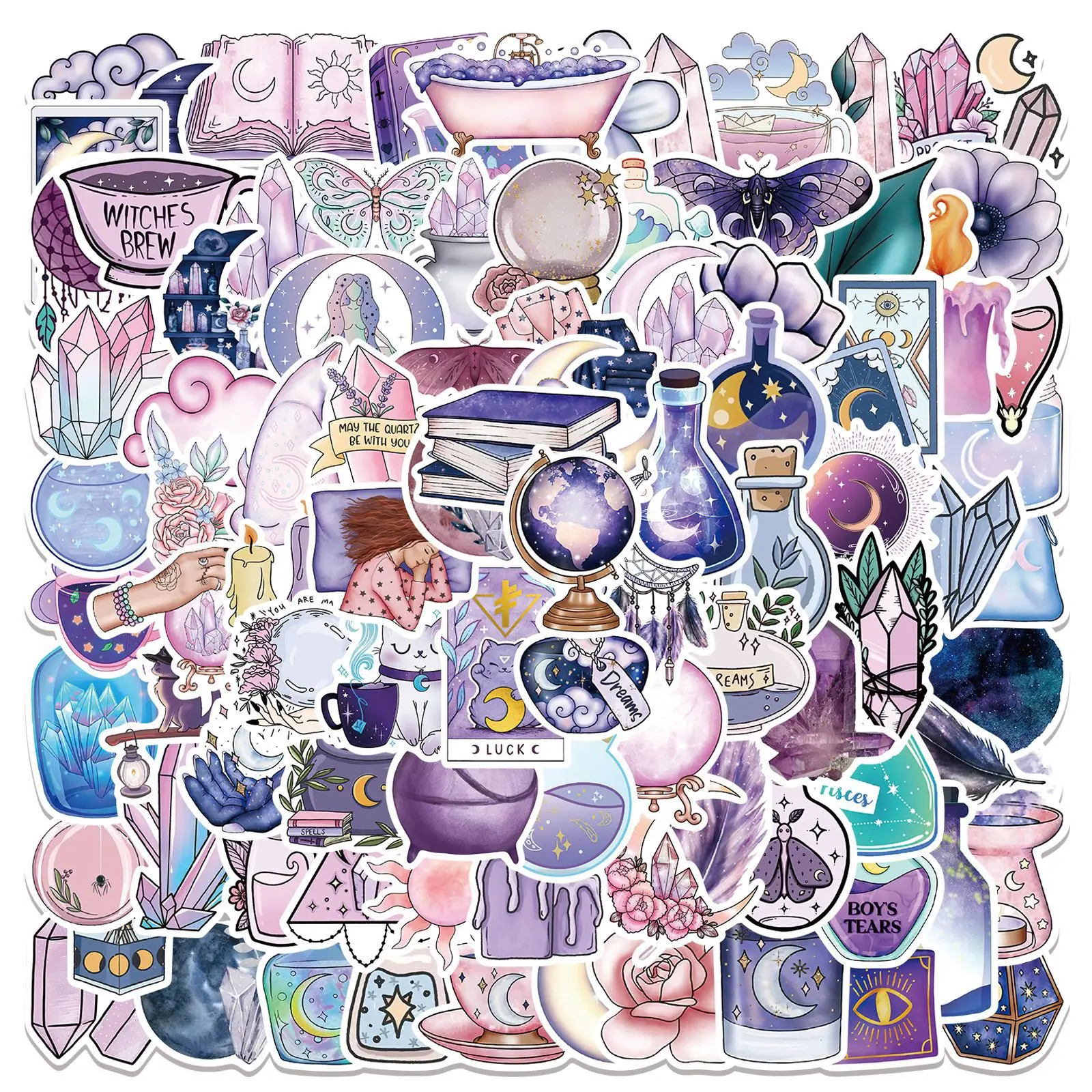 

10/30/50/100PCS Purple Magic Crystal Moon Stickers Aesthetic Graffiti Cartoon Decals Waterproof DIY Laptop Phone Luggage Guitar