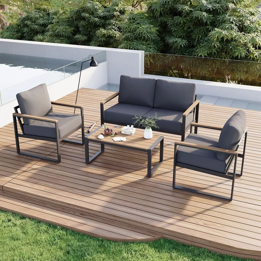 

4-Piece Outdoor Patio Furniture Set with Cushions, Metal Construction, Suitable for Porch, Balcony, Deck - Grey
