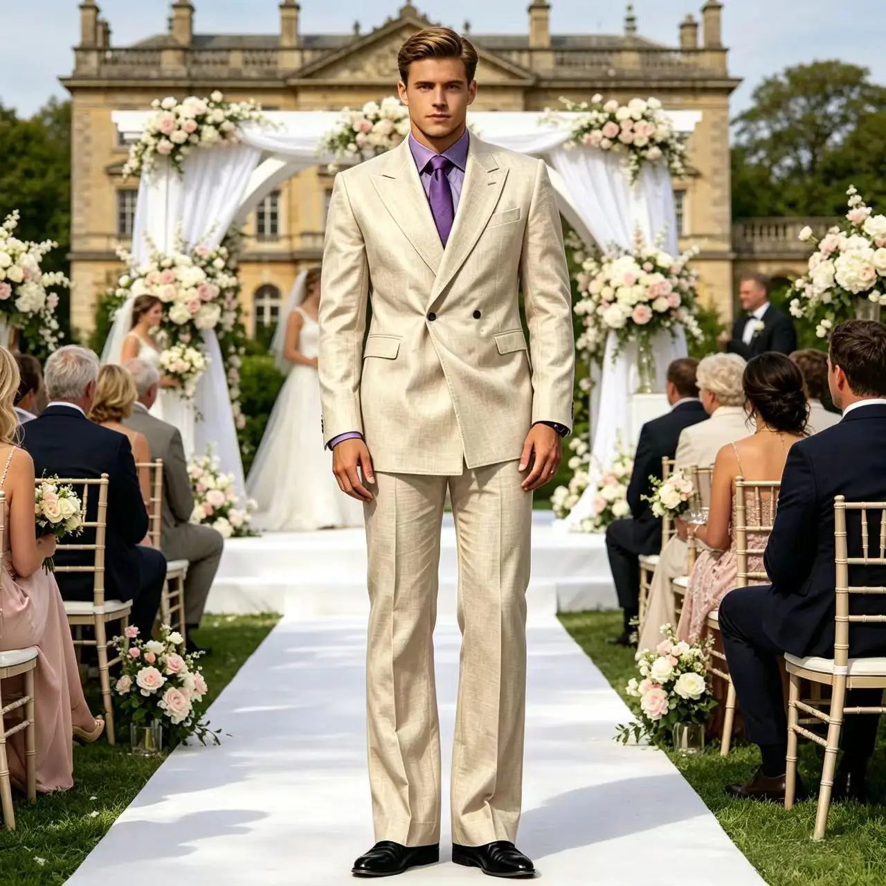

Men's Beige Linen Double Breasted Suit 2 Piece Set Slim Fit Formal Wedding Groom Suit Blazer & Trousers for Business Summer