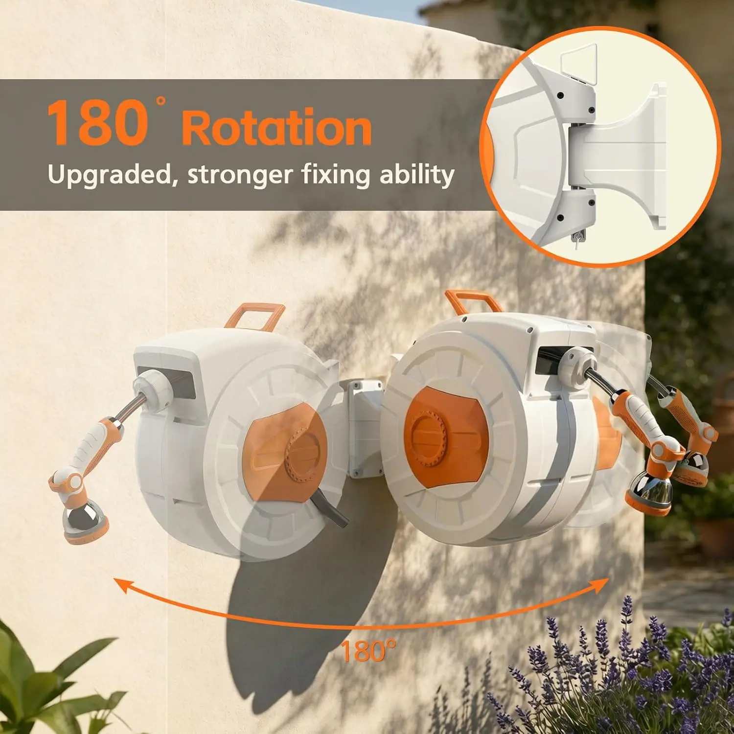 Garden Hose Reel 100ft, Wall Mounted Retractable Water Hose Reel With 180 Degree Swivel Bracket, Heavy Duty Automatic Roll Up Hose Organizer, Ten Pattern Spray Nozzle For Yard Car Washing view 2