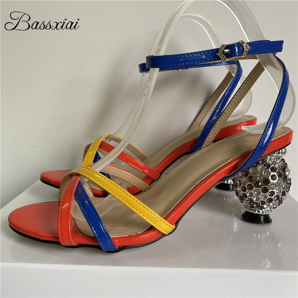 Jeweled Crystal Spherical Heel Sandals For Girls Women Ankle Strappy Sexy Narrow Band Rhinestone High Heels Party Shoes