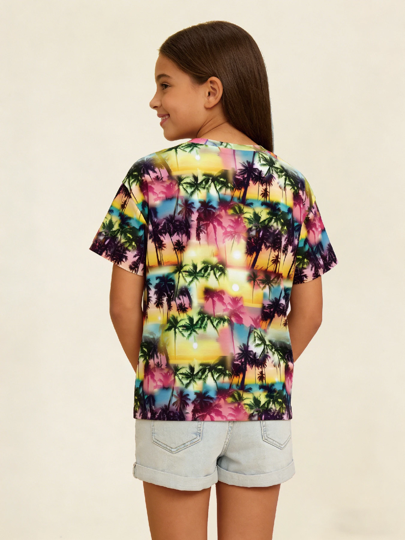 2026 new girls long-sleeved T-shirt gradual change tie-dye coconut print short sleeve