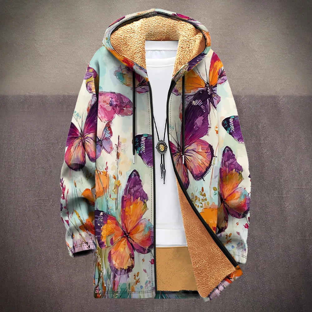 

Куртка унисекс с капюшоном и цветочным принтом бабочки, теплое пальто на флисовой подкладке с винтажным дизайном природы, эстетичная верхняя одежда, осень-зима