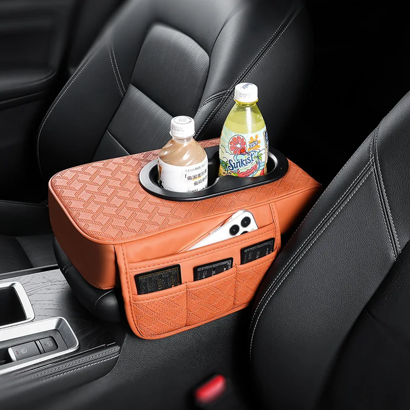 Houndstooth Car Armrest Booster Pad Multifunctional Storage Bag Cup Holder Center Console Cushion