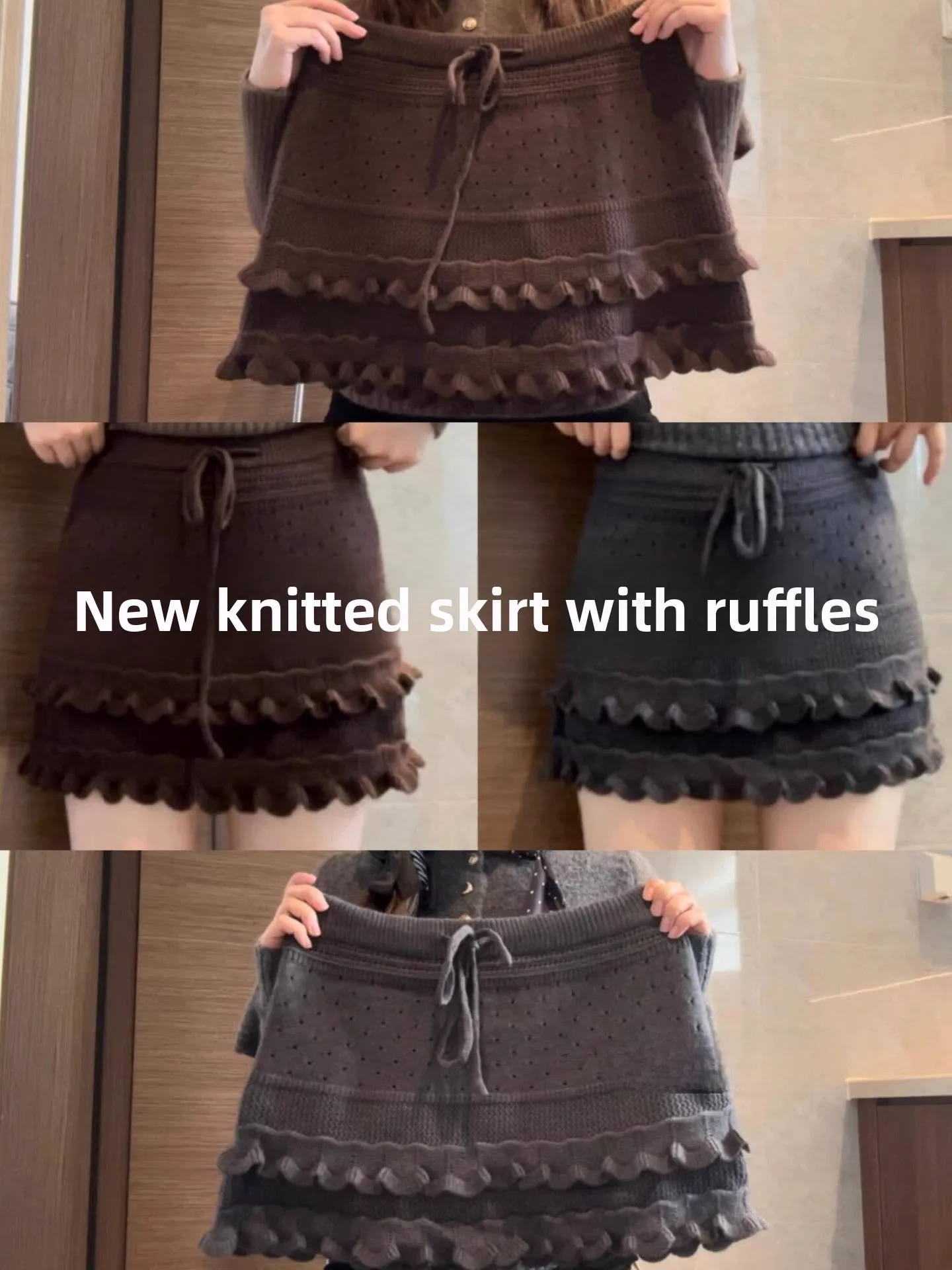 

Коричневая вязаная юбка А-силуэта с деревянной отделкой для женщин, теплая зимняя юбка миди в корейском стиле для повседневной носки