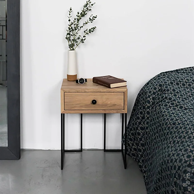 

American retro wrought iron bedside table, bedroom corner table walnut bedside table