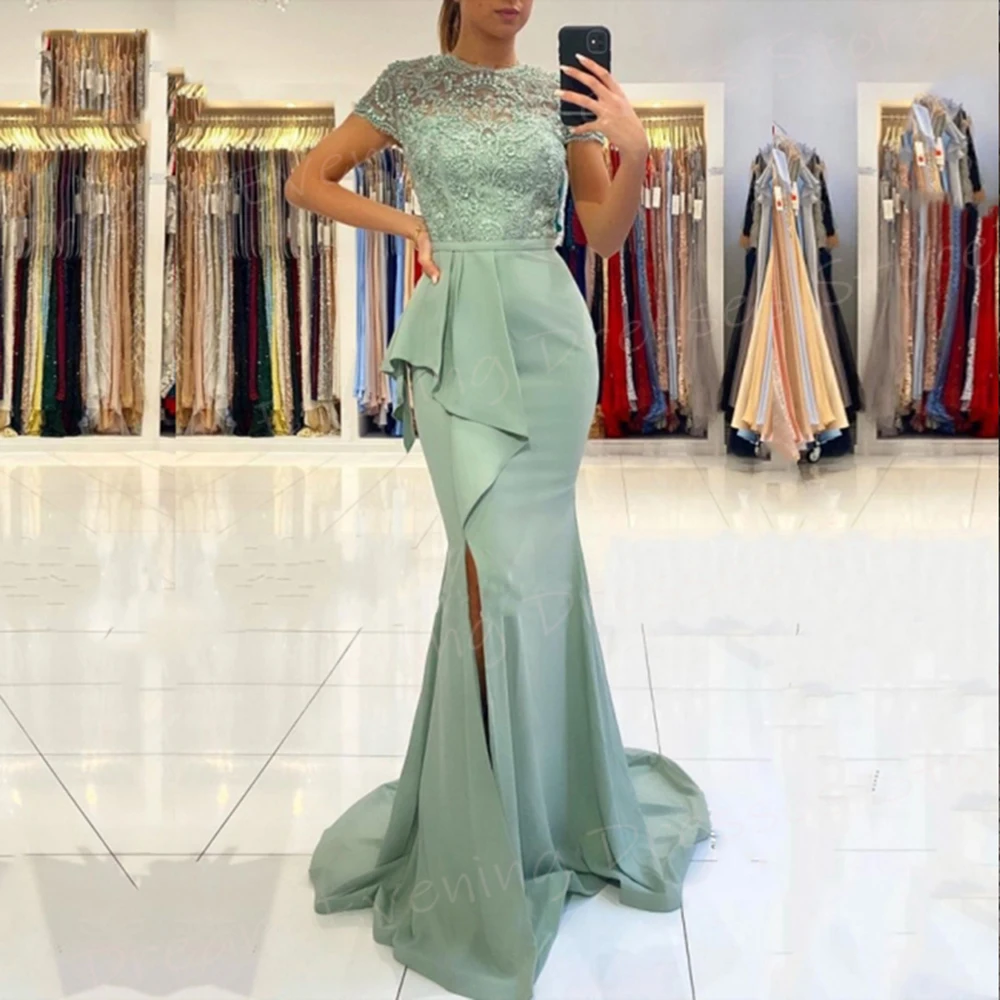 Charmante Modieuze Groene Dames Zeemeermin Klassieke Avondjurken Korte Mouw Kanten Galajurken Chiffon Geplooide Robe De Soiree