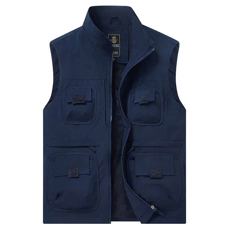 

New Male Spring Summer Autumn Multi Pocket Waistcoat Outdoor Fishing Photography Casual Vest Solid Stand Collar Fashion Coat