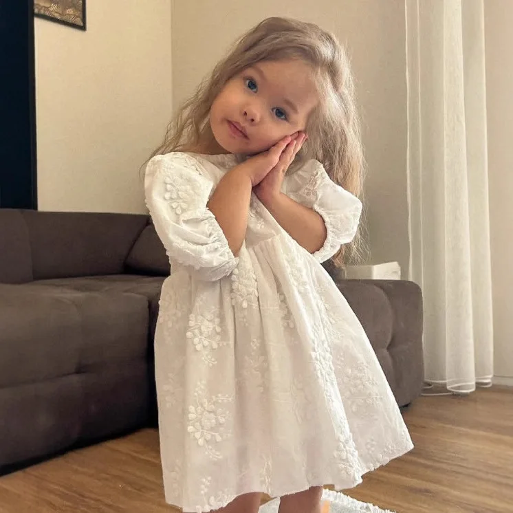 2026 INS Girls' Summer Cotton Lace Embroidered JK Princess Puff Sleeve Casual Dress girl dress kids dresses for girls