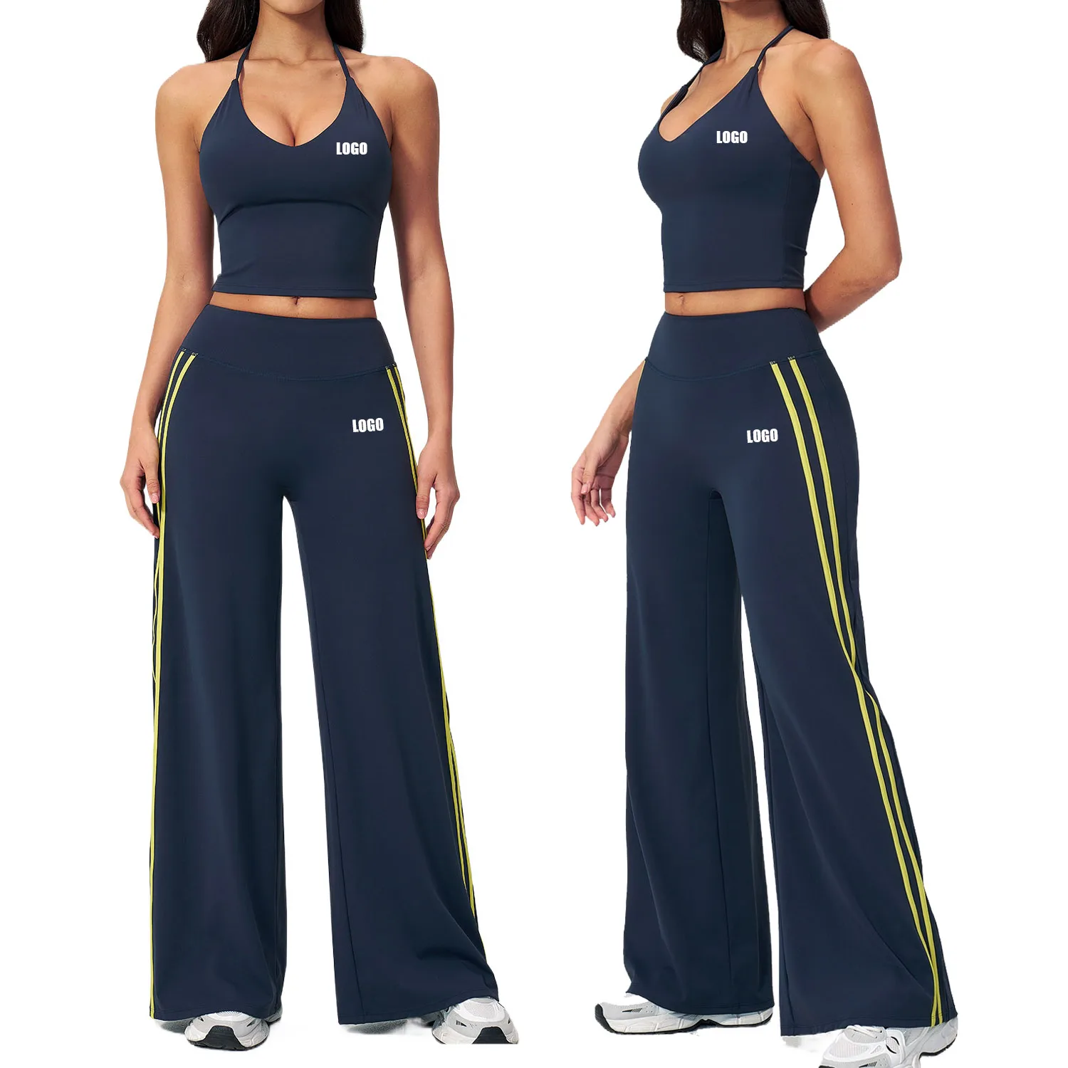 Custom LOGO women's V-neck beauty back yoga running quick-drying sling vest wide-leg pants sports and fitness two-piece set
