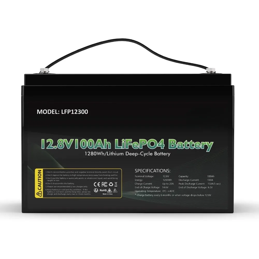 

12 В 100 Ач LiFePO4 Встроенная литиевая аккумуляторная батарея BMS 100 А, 5000-15000 циклов, литиевая батарея 1280 Втч для прицепа RV
