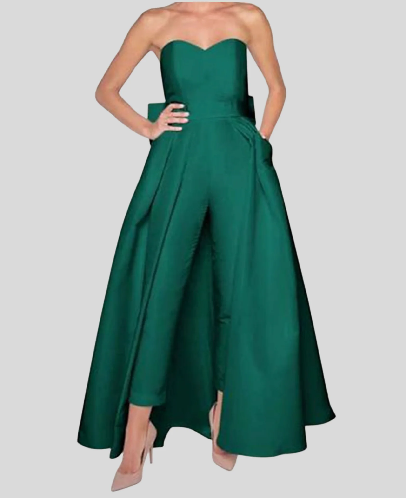 Jumpsuits Evening Gown Minimalist Dress Wedding Guest Detachable Sleeveless Sweetheart Pocket Satin with Bow 2024