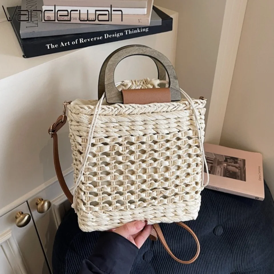 

Women's Handmade Woven Straw Handbag Large Capacity Beach Tote Bag with Wooden Handle Summer Vacation Shoulder Crossbody Bag New