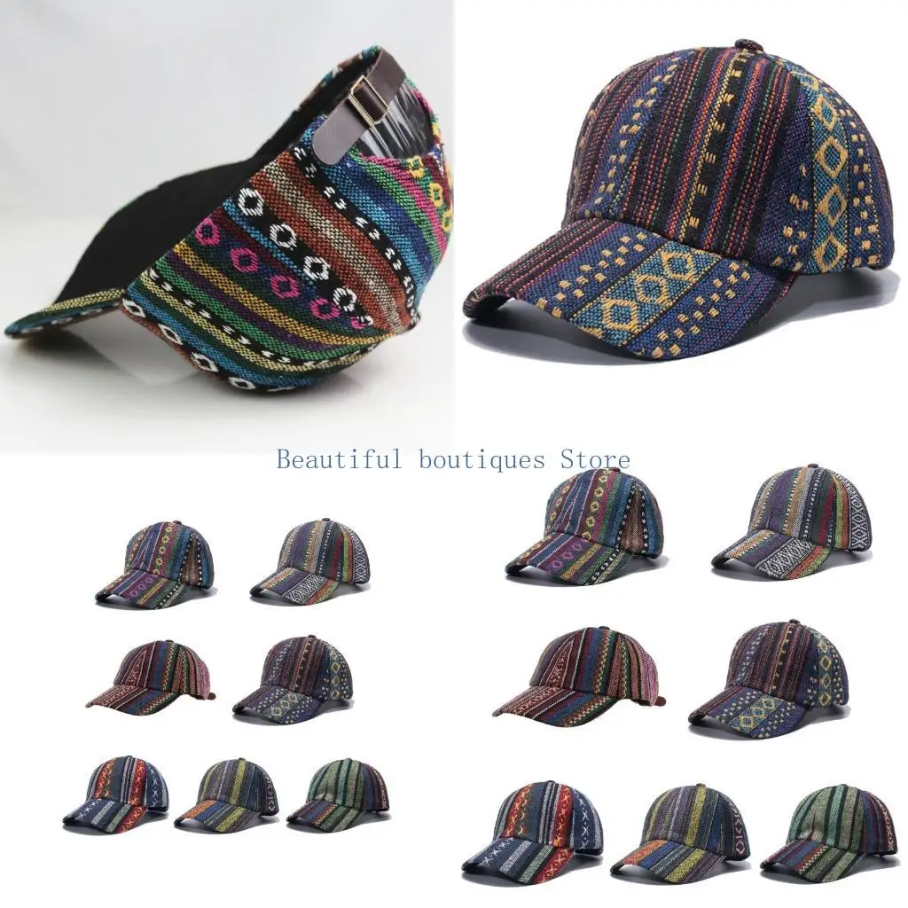 U4LF Ethnic Style for Sun Hat Delicate Baseball Cap Striped Peaked Cap Sport Hat Sunshade Hat for Outdoor Activities Daily We