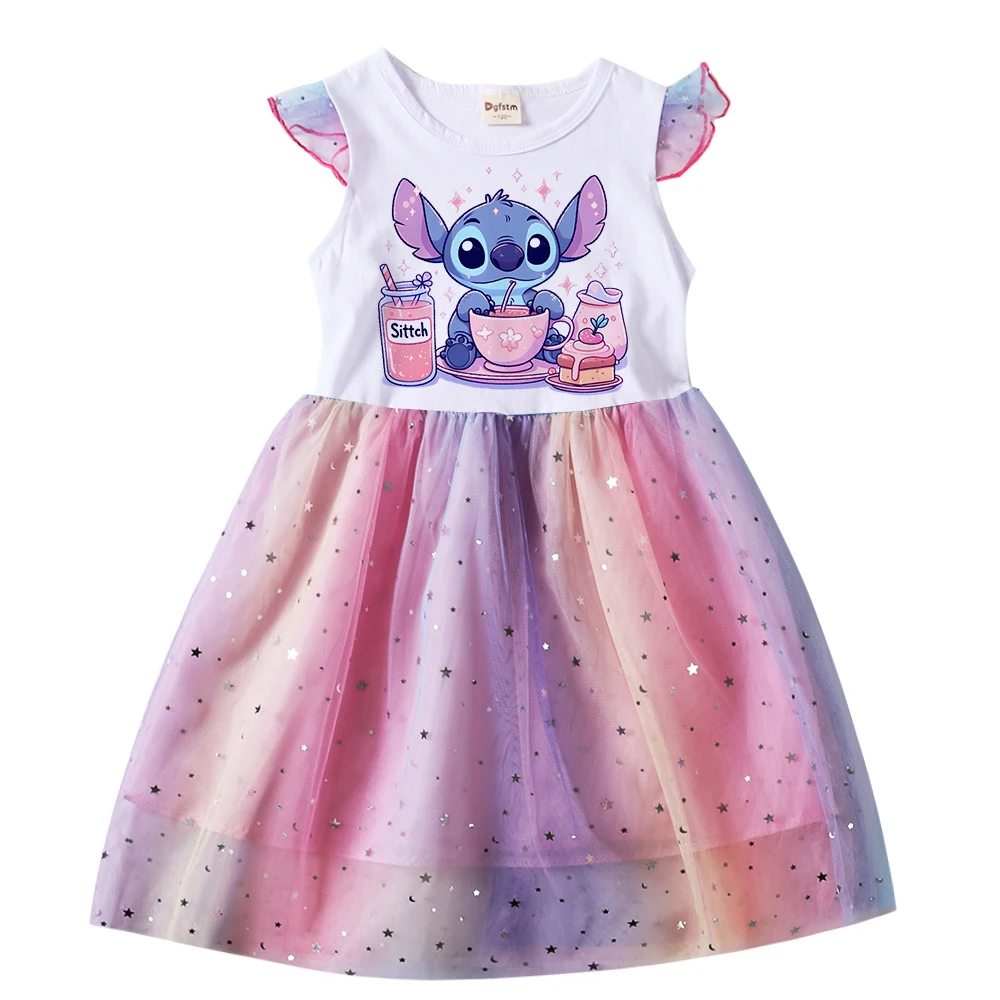 

Girl Dress Stitch Summer Children Disney Print Dresses Princess Cartoons Casual Clothes Girls Gauze Flying Sleeve Kid Baby Gifts