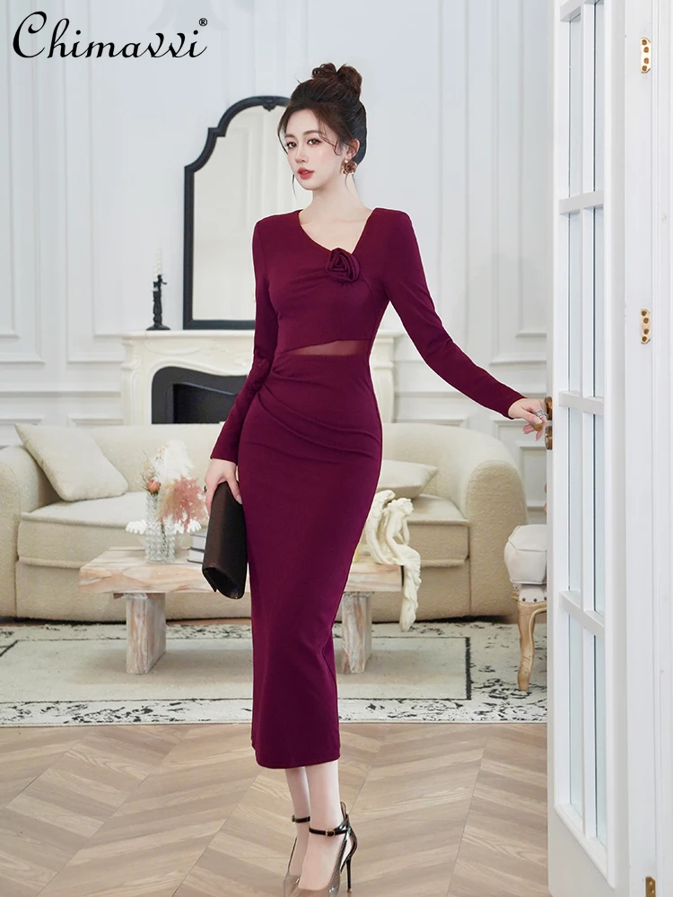 

French Elegant Temperament Socialite Bodycon Evening Dress V-neck 3D Floral Long Sleeve High Waist Long Fishtail Dress For Women