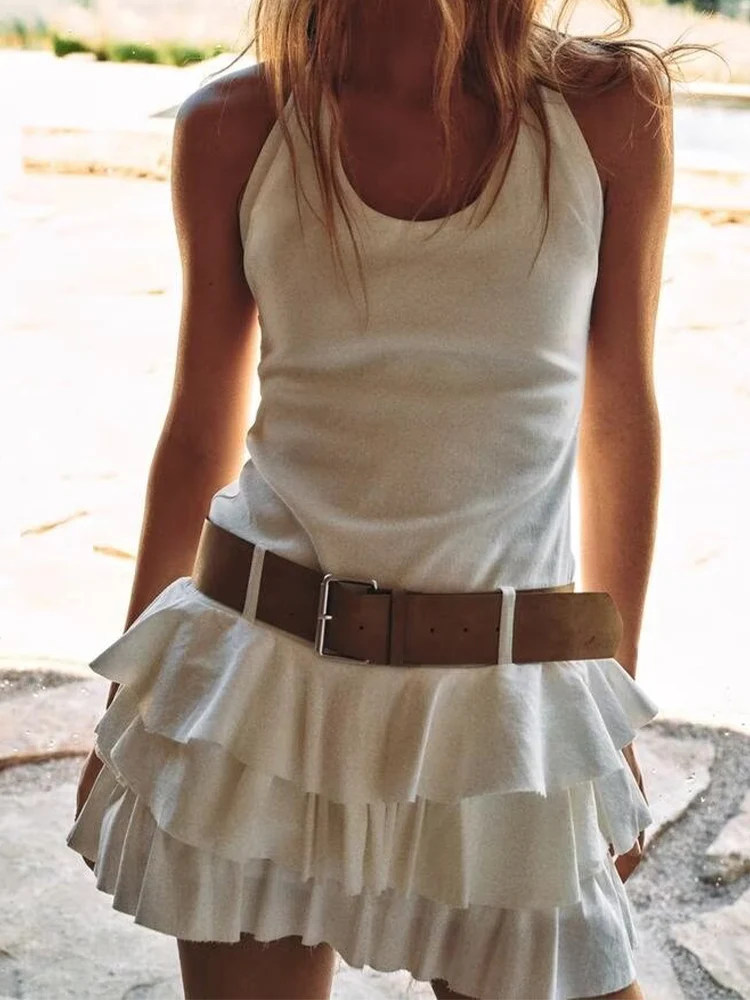 Sweet and cool hot girl style halter neck U-neck white dress female design with belt ruffled skirt dress