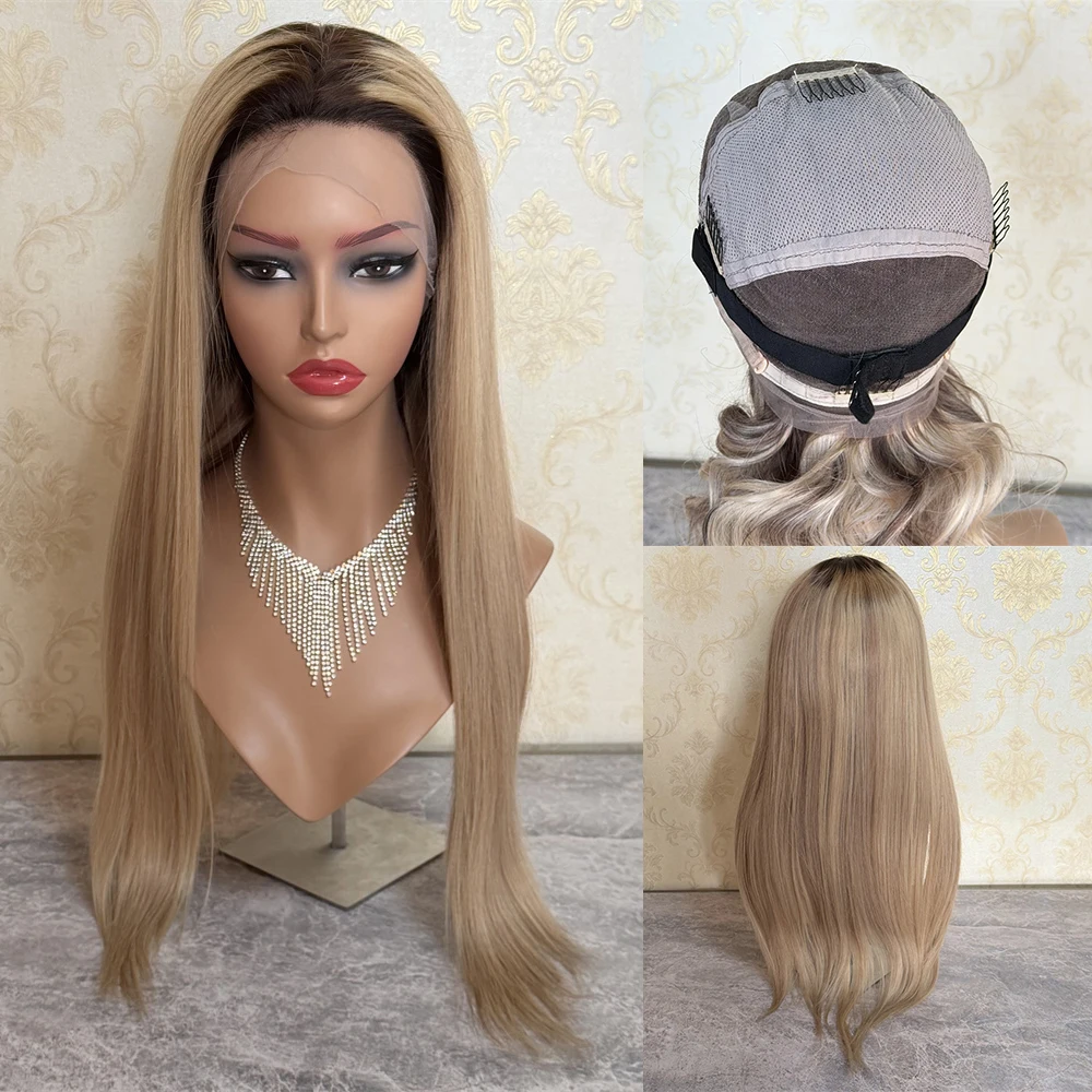 Long Straight Full Lace Wig 24inch Natural Blonde Human Hair Full Lace Wig for Women Glueless Wig Pre Plucked Dark Roots Stocked