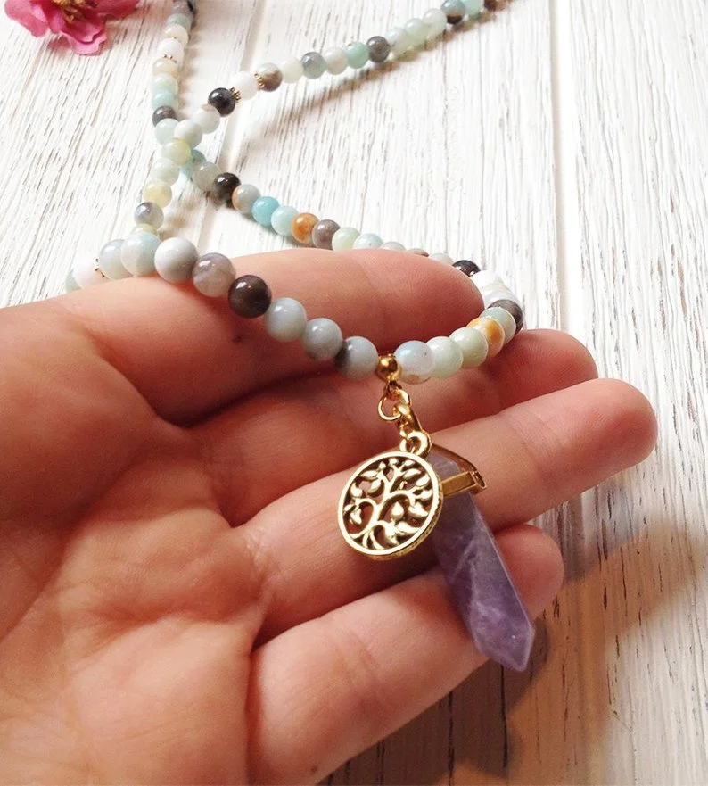 Amazonite Mala Necklace | Mala Beads 108 | Healing Crystal Necklace | Amethyst Mala Beads | Tree of Life Mala | Calming Necklace