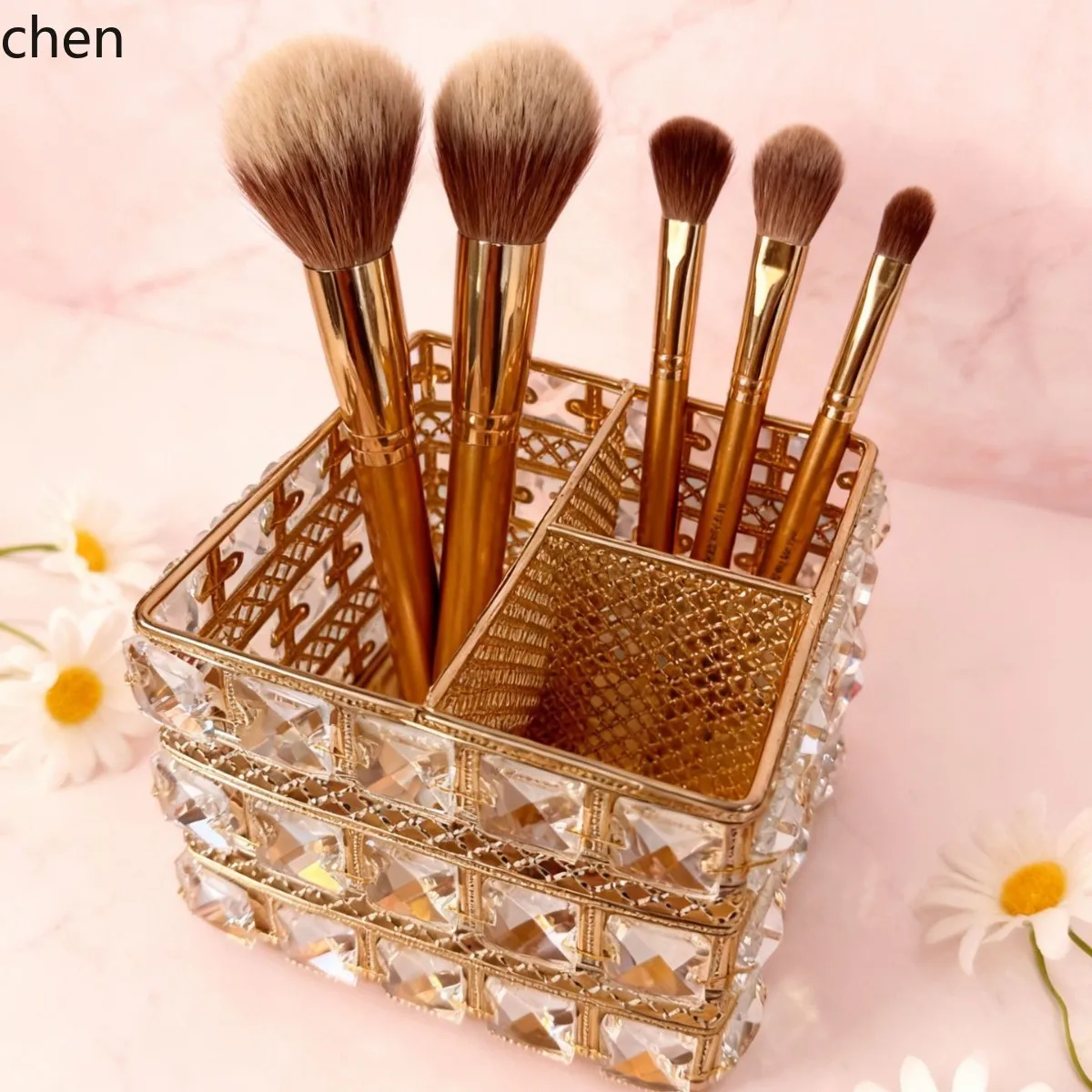 H1 Exquisite Rotating Compartmentalized Crystal Storage Box Pen Holder Makeup Brush Remote Control Organizer