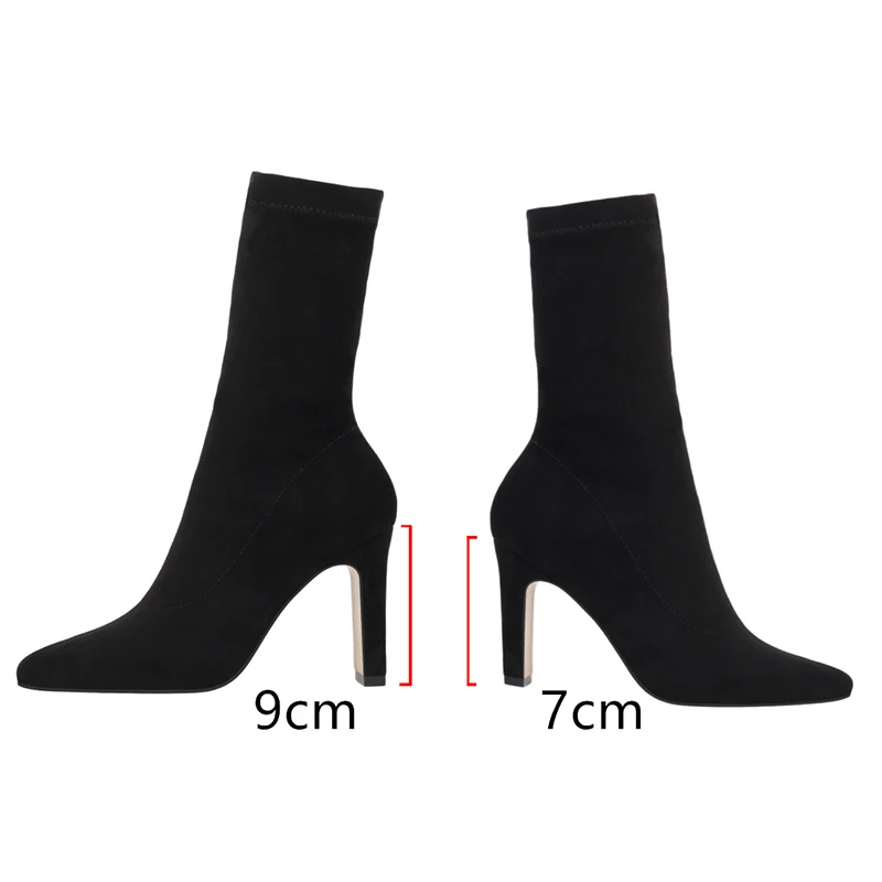 2023 Winter New Comfortable Women Sock Boots Square High Heels Suede Ankle Boots Fashion Pointed Toe Fall Stretch Shoes Big Size