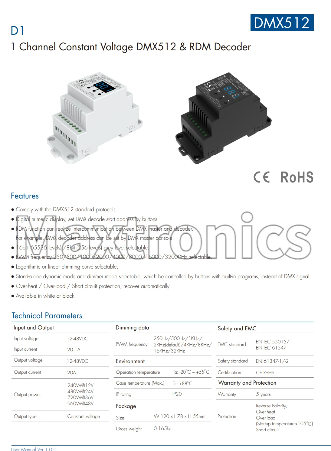 DMX512 & RDM Decoder D1 NEW Constant Voltage 1 Channel 1CH*20A 12-48VDC DMX Mode(001~512) Skydance for Single Color Light Strip