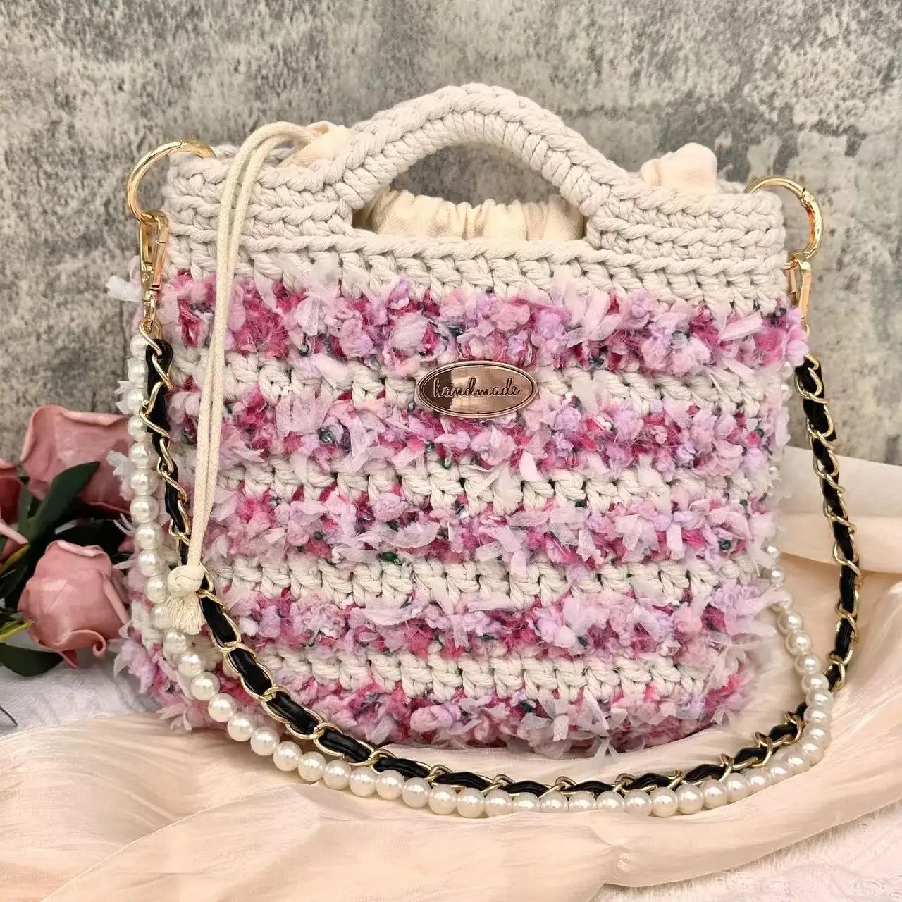 MS Pure Handmade Crochet Bag for Women High Quality Wool Blended Yarn French Handbag Underarm Pouch Chic Ladies Purses New 2023