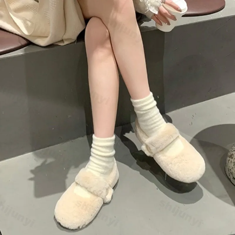 レディースフラットシューズ-2025-冬-快適-滑り止め-室内用コットンシューズ-おしゃれなプラッシュウォーム-メリージェーンシューズ-zapatos-mujer