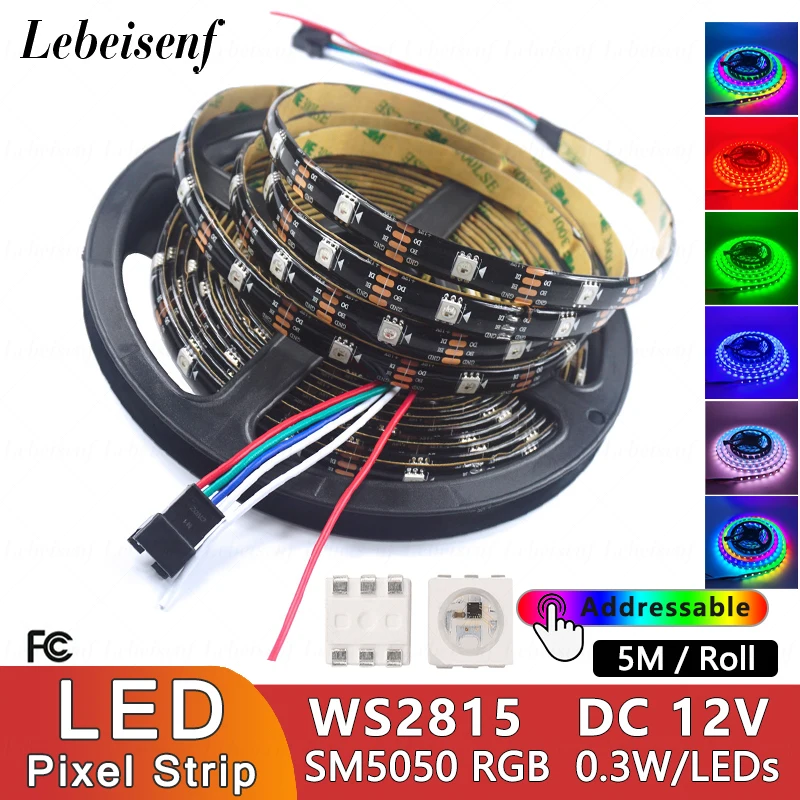 5M WS2815 Flexible LED Waterproof Lights Strip Individually Addressable Breakpoint Continue 30 60 144 Pixels/M Built-in IC DC12V