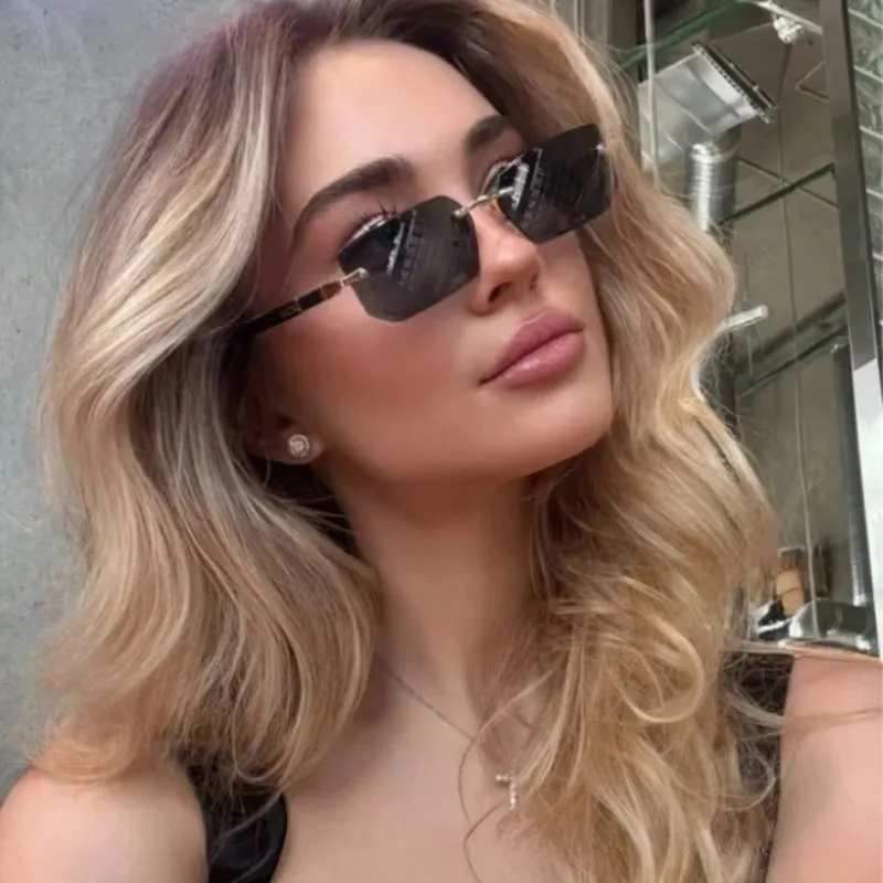 Rimless Rectangle Sunglasses, UV400 Protection Y2K Frameless Sun Glasses, Retro Eyewear for Women & Men