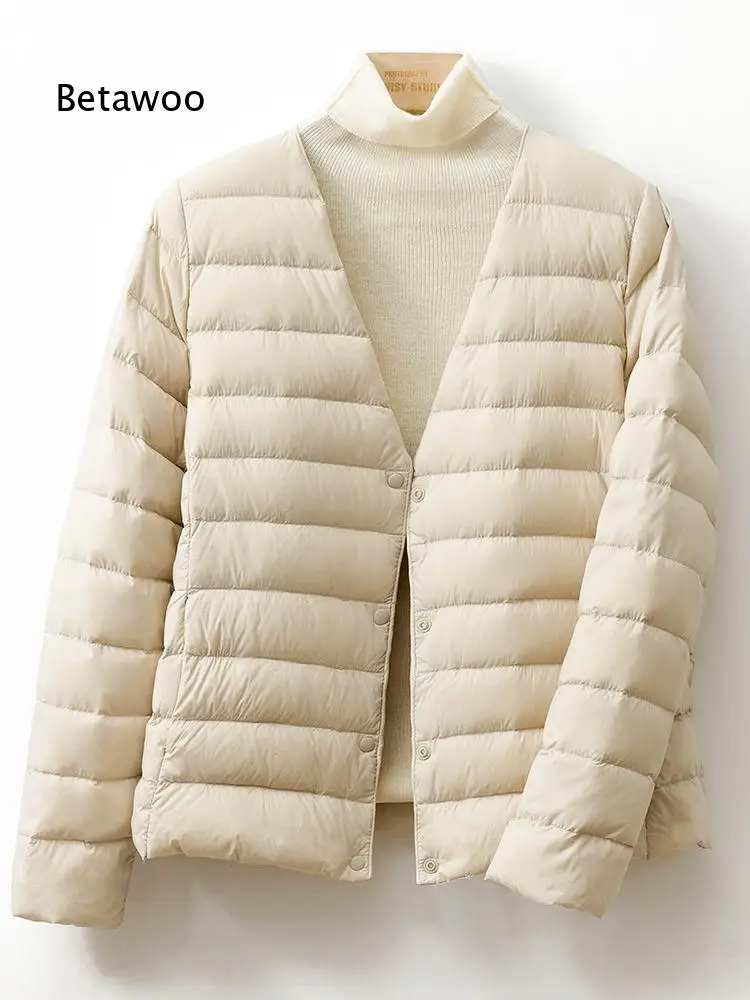Women Short Collarless Light Down Jacket With 90 White Duck Down Liner Simple V Neck Inner Coat Portable Warm Outerwear For Aut
