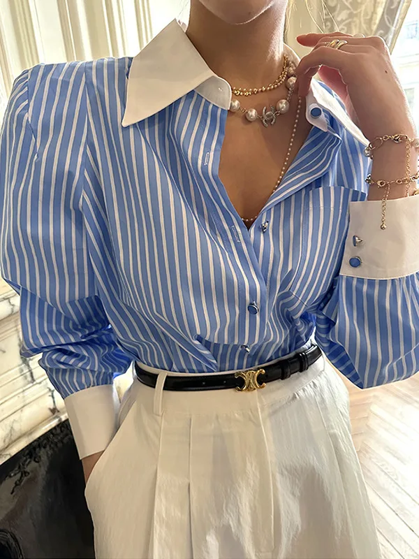 New French Elegant Women Shirts Korean Striped Red Fashion Turn Down Collar Office Ladies Tops Long Sleeve Causal Female Blouse