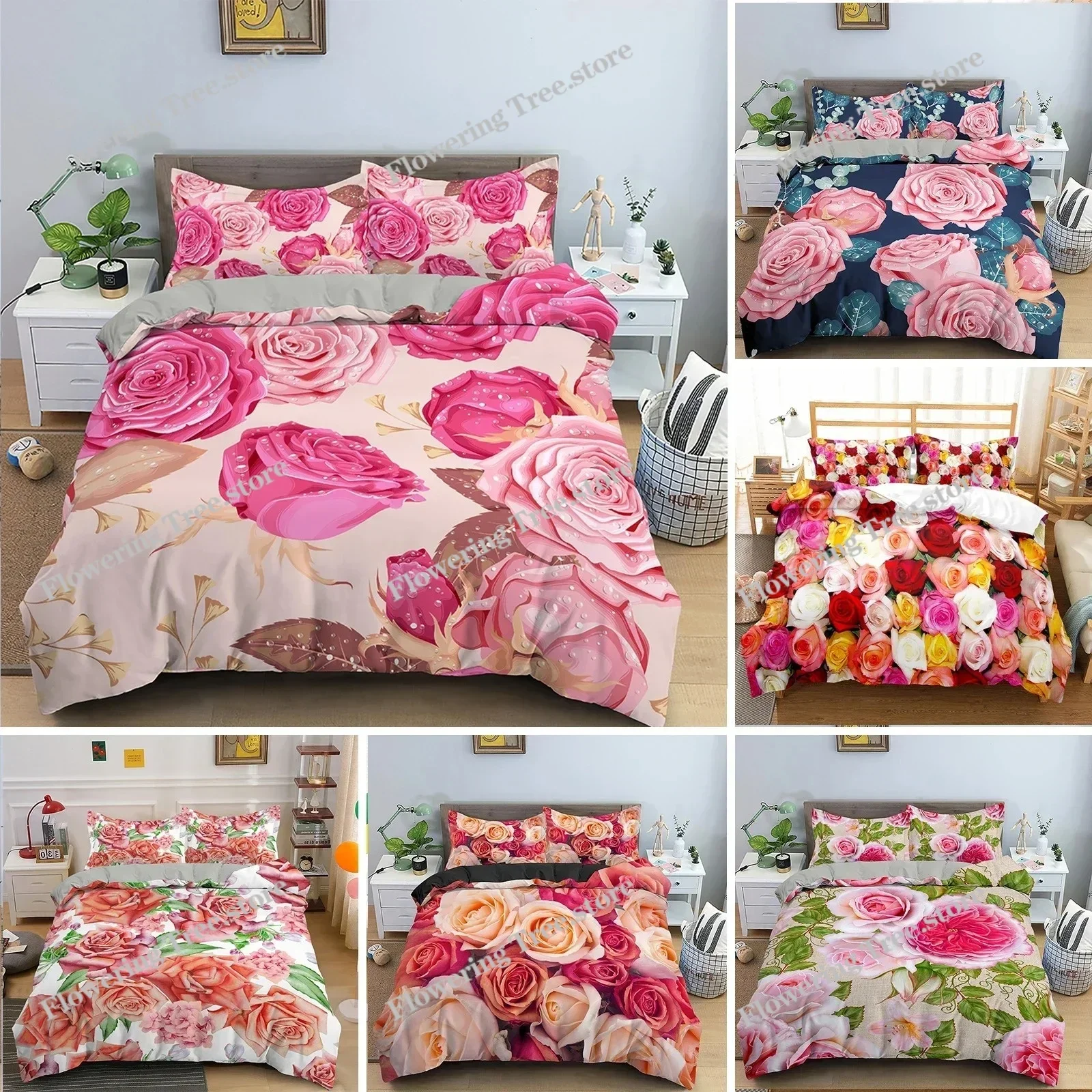 

3D Rose Flower Duvet Cover Queen King Double Bedding Set Quilt Cover with Zipper Closure King Size Polyester Quilt Cover
