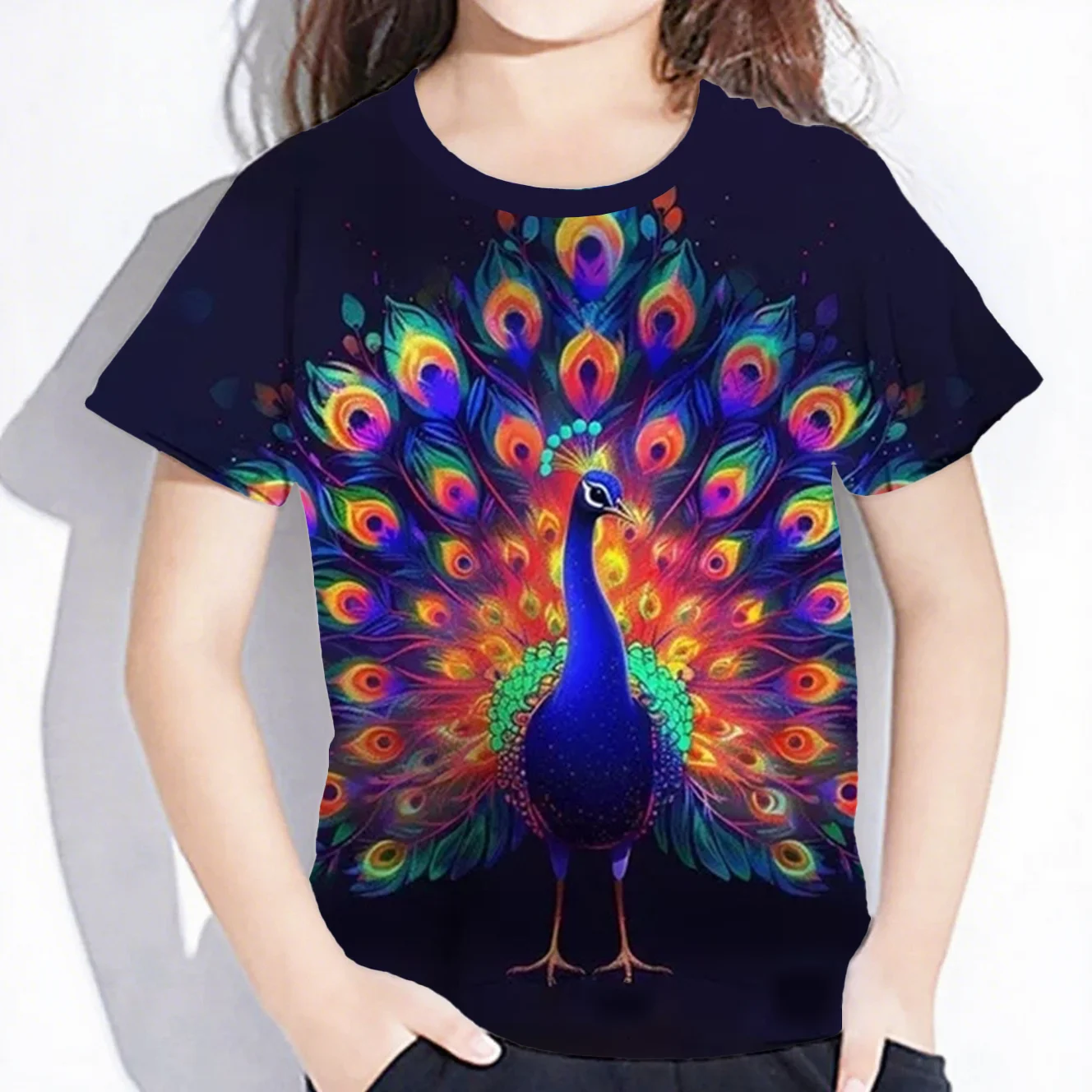 Girls Clothes 3D Printed Beautiful Peacock T-Shirt Children Clothing for 2-10Y Summer Short Sleeve T Shirt Casual Colorful Tops