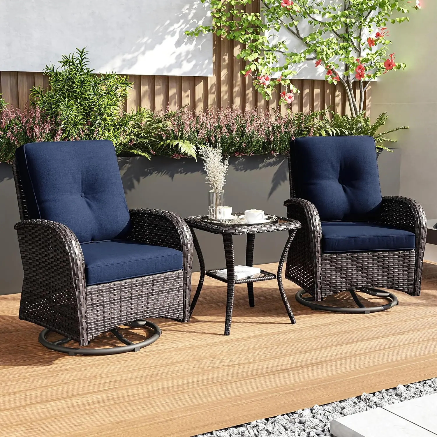 Swivel Rocker Wicker Chairs - Outdoor Swivel Rocking Chairs Set of 2 with Wicker Side Table, Patio Swivel Rocker Chair 3 Piece P