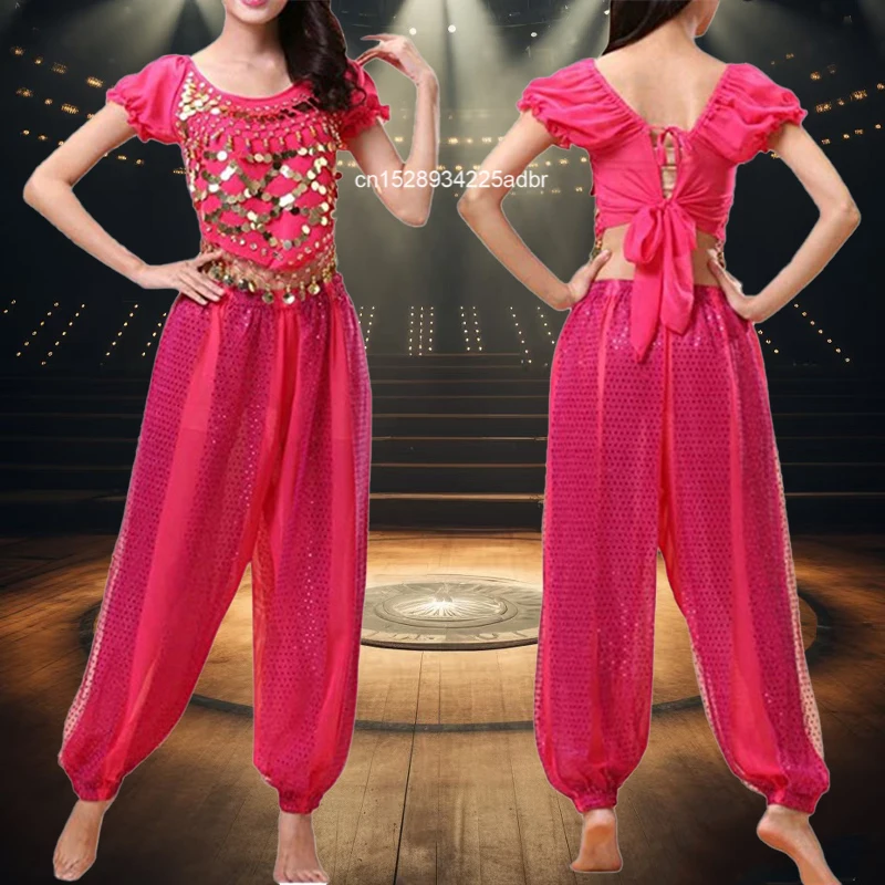 Damski kostium taneczny brzucha zestaw cekinowy krótki top + spodnie haremowe zestaw strojów orientalny taniec indyjski arabska bogini kostiumy na Halloween